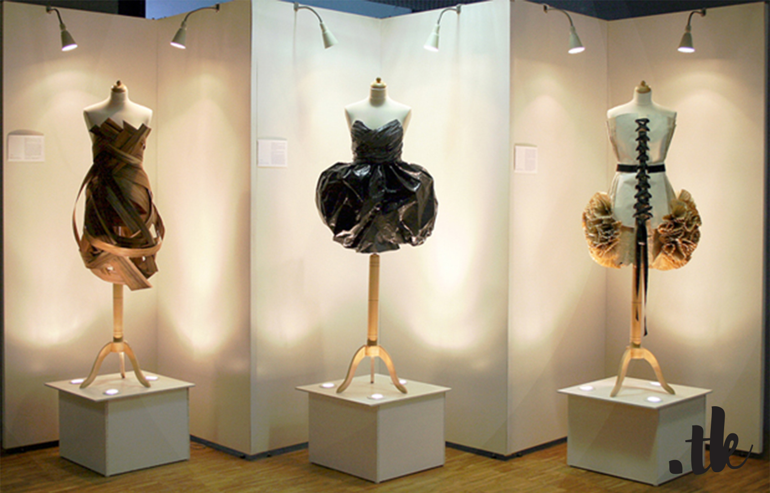 Dresses made from plastic bags, veneer and old books, experimental fashion design, sculptures by tanja kaiser